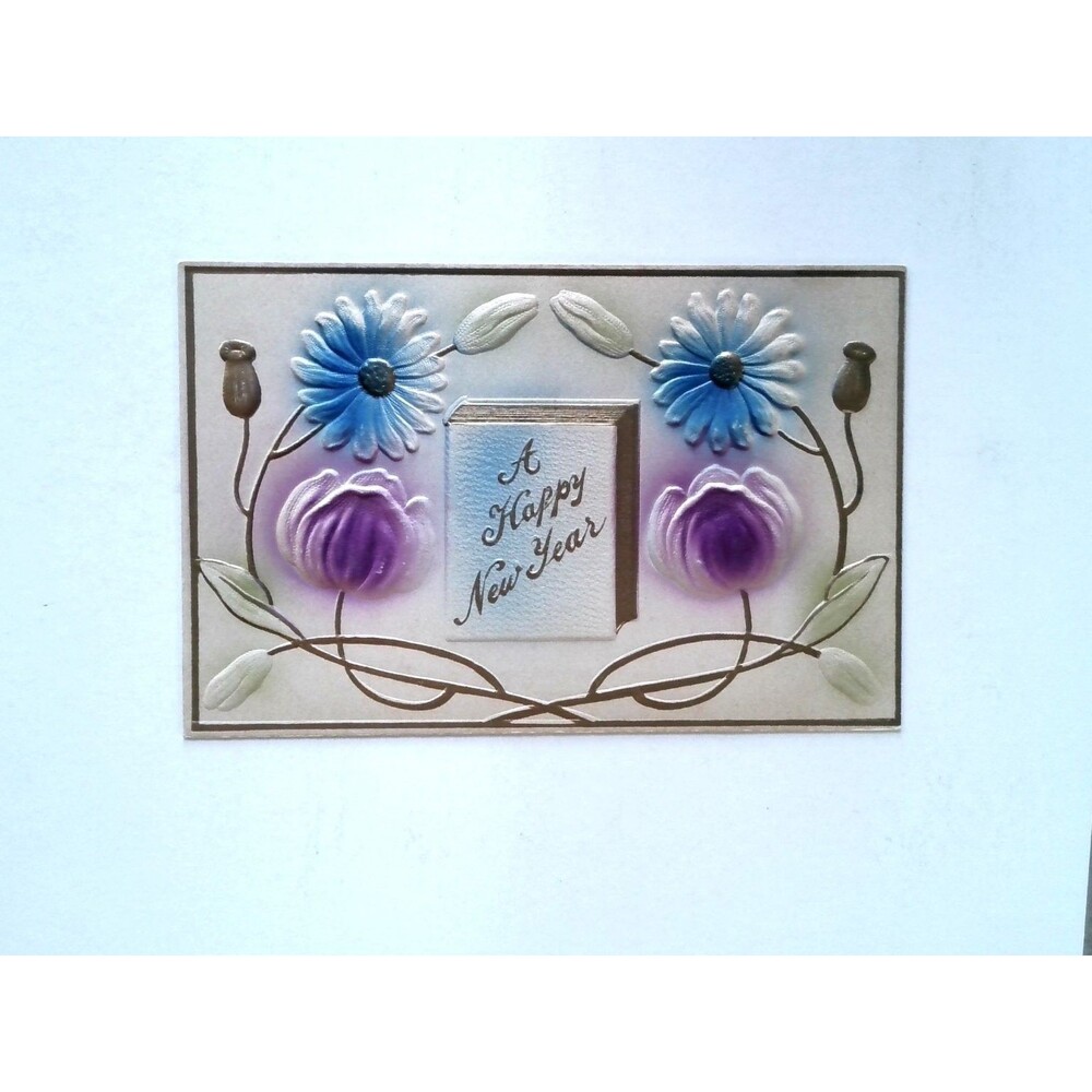 Embossed New Year Postcard Floral Book A Happy New Year Golden Age